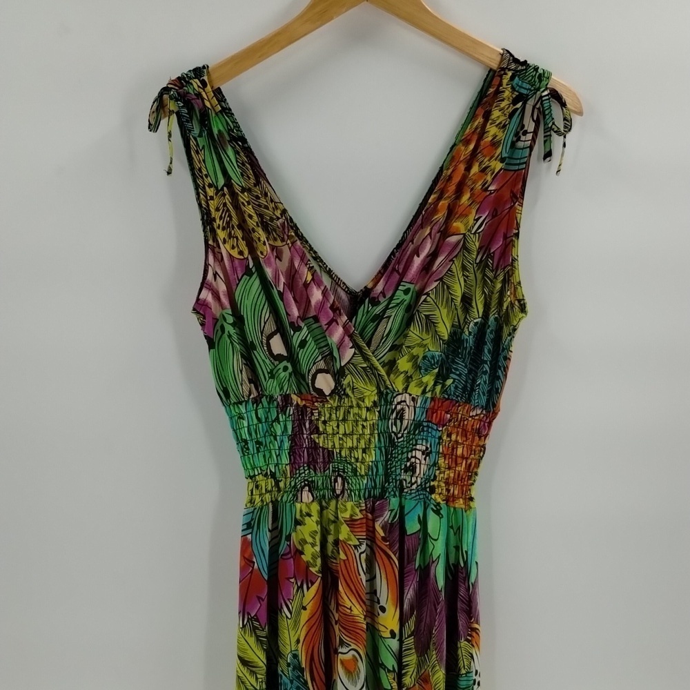 Just Love multicolor peacock feather print maxi dress  large green sleeveless